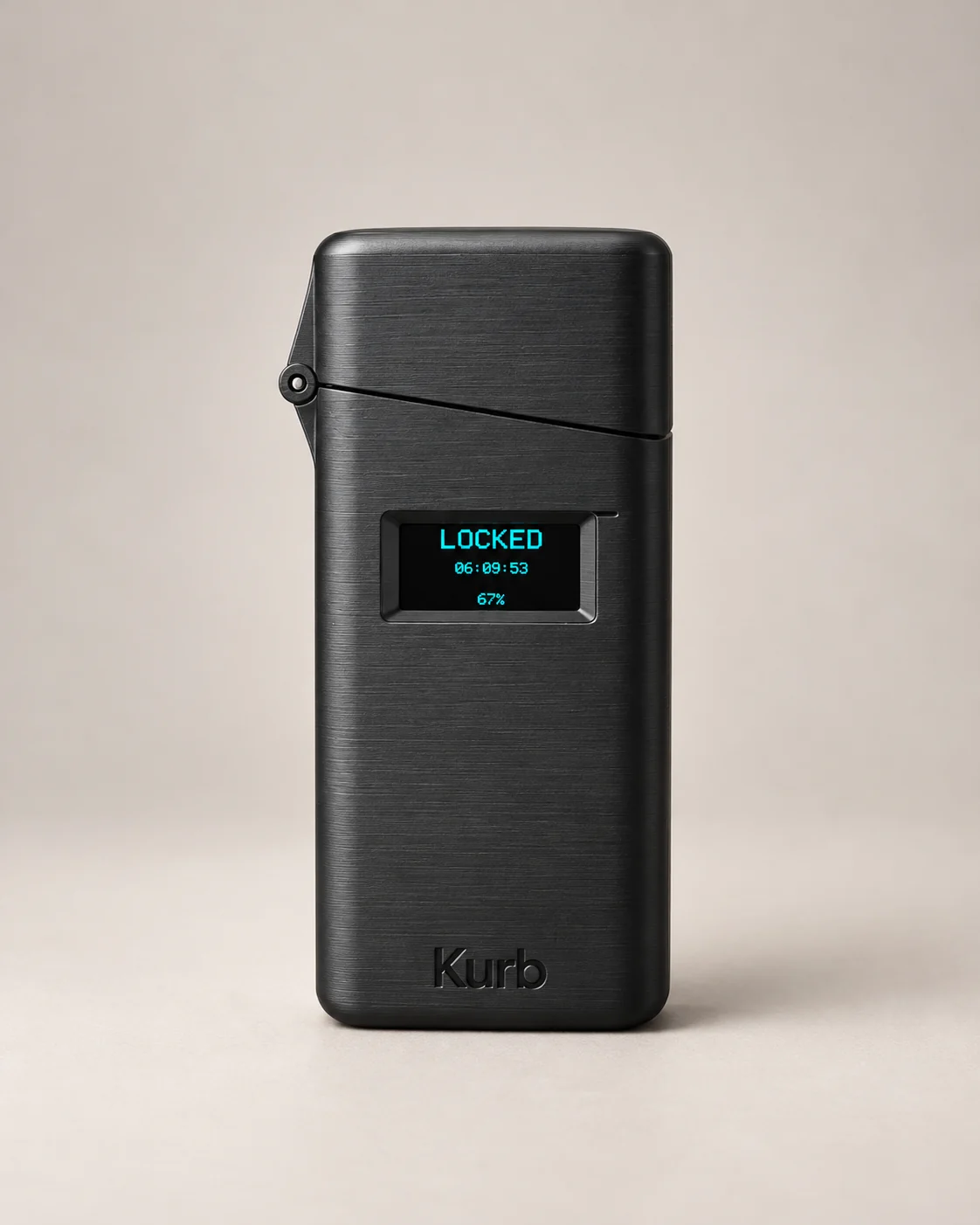 Closed black V Kurb pilot device showing its diagonal lid seam and cyan OLED display with LOCKED, a countdown, and battery level